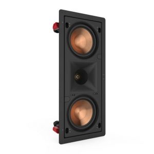 In-wall loudspeaker with two copper woofer cones and a square horn-loaded driver in the center.