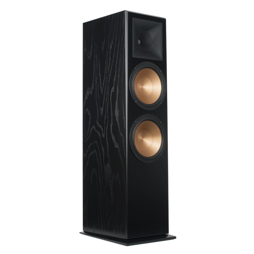 Klipsch Rf-7 Iii Floorstanding Speaker Floor-standing loudspeaker with black wood-grain cabinet, copper-colored woofers, and a top horn tweeter.