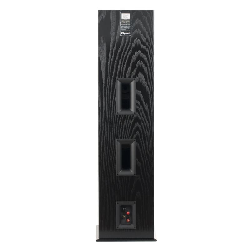 Klipsch Rf-7 Iii Floorstanding Speaker Tall black wood-grain floor-standing loudspeaker with rear binding posts and two rectangular bass-reflex ports.