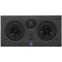 Rectangular black speaker with two large woofer drivers and a central tweeter, blue logo on bottom center.