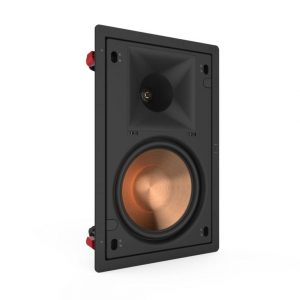 In-wall loudspeaker with copper woofer and horn-loaded tweeter in a black rectangular frame