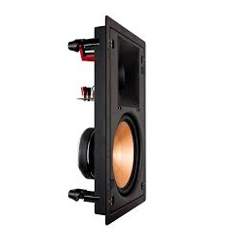 Klipsch Pro-180Rpw In-Wall Speaker Each In-wall loudspeaker with copper woofer, black rectangular bezel, and mounting hardware.