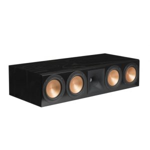 Black horizontal center-channel speaker with four copper-colored drivers and a square center opening.