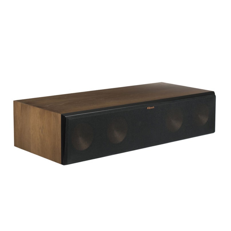Klipsch Rc-64 Iii Center Speaker Klipsch soundbar with black fabric front, wooden side panels, and four visible drivers.