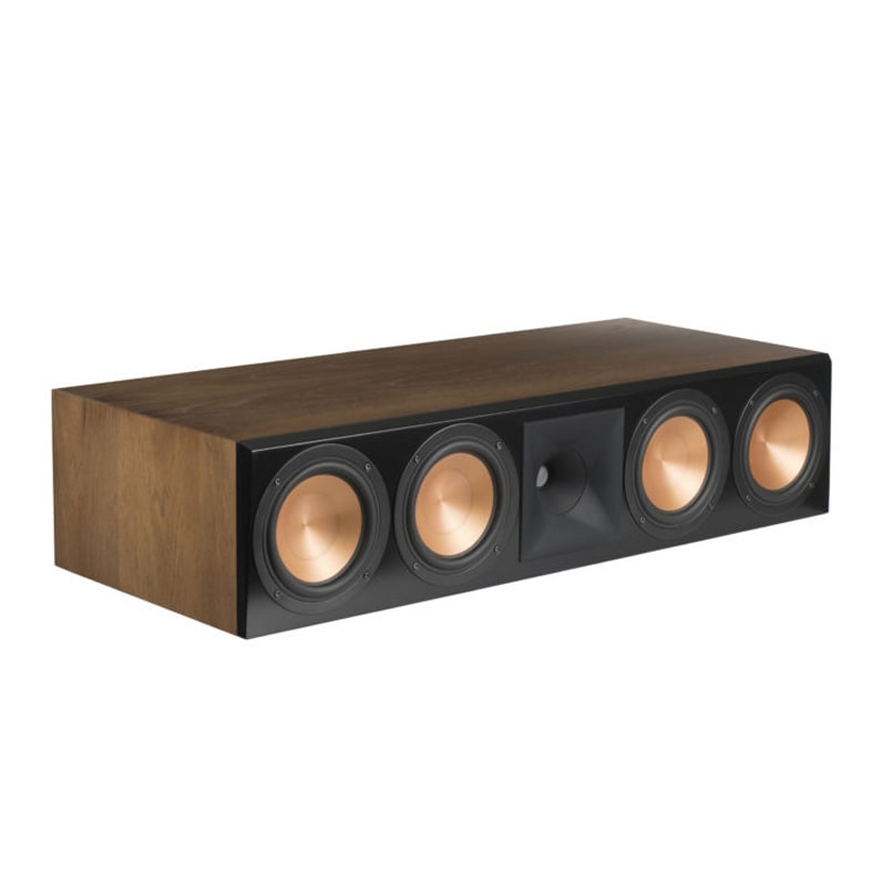 Klipsch Rc-64 Iii Center Speaker Long wood-veneer center-channel speaker with a black front panel and four copper-cone drivers surrounding a central square horn.