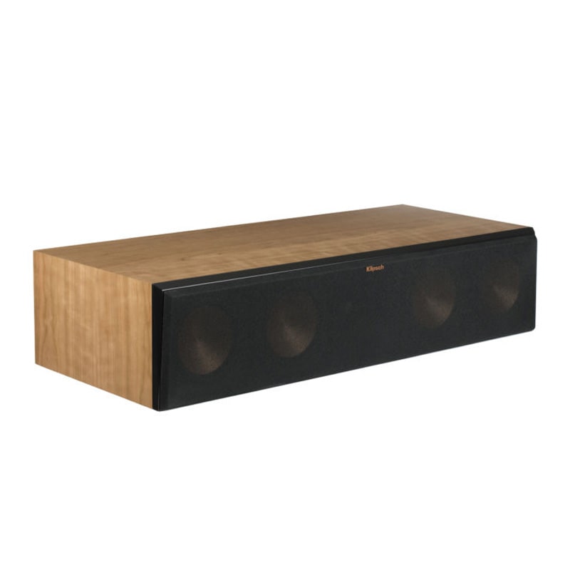 Klipsch Rc-64 Iii Center Speaker Klipsch soundbar with wood veneer cabinet and black fabric grille covering multiple drivers.
