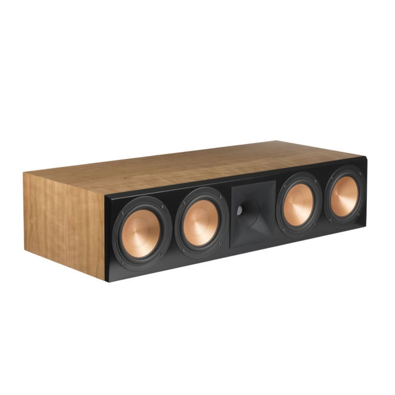 Klipsch Rc-64 Iii Center Speaker Long wooden speaker cabinet with black front panel, four copper-colored drivers and a central horn for home theater audio.