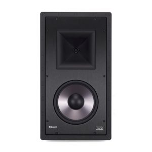 Black bookshelf loudspeaker with square horn tweeter and silver woofer.