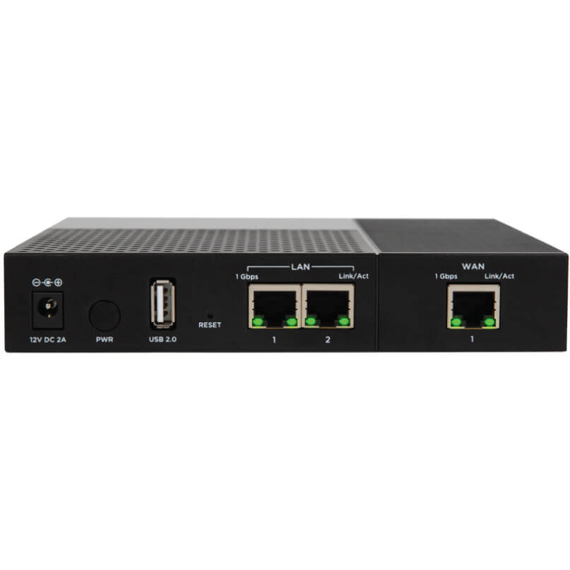 Araknis Networks 110-Series Single-Wan Gigabit Vpn Router With Wi-Fi Compact network firewall/router with two lan ports labeled 1 and 2, one wan port, usb 2. 0, and 12v power input.