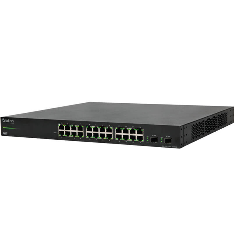 Araknis Networks 310 Series 24-Port L2 Managed Gigabit Switch Front Ports Rack-mount network switch with numerous ethernet ports, green status leds, and a vented side panel.