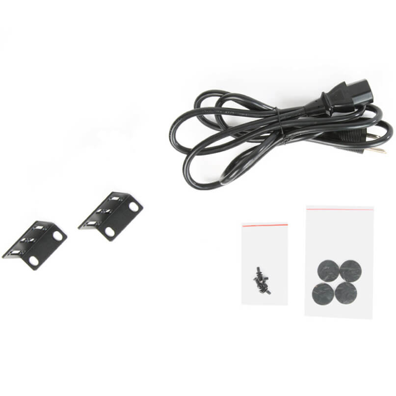 Araknis Networks 310 Series 24-Port L2 Managed Gigabit Switch Front Ports Two black metal mounting brackets, a coiled power cable, and bags with screws and four round discs.