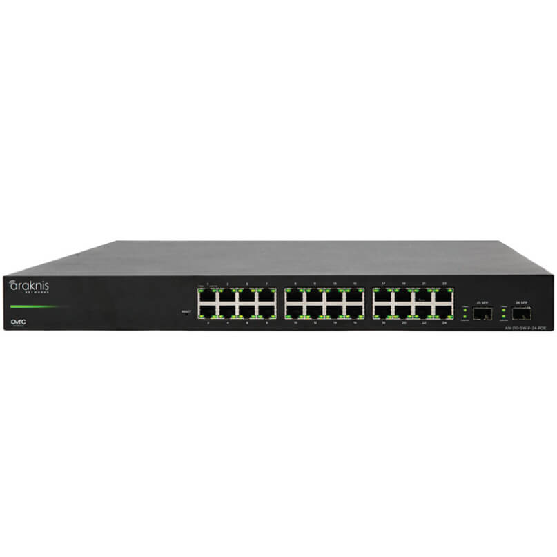 Araknis Networks 310 Series 24-Port L2 Managed Gigabit Switch Front Ports Araknis 24-port ethernet network switch with two rows of rj-45 ports and front-panel leds.