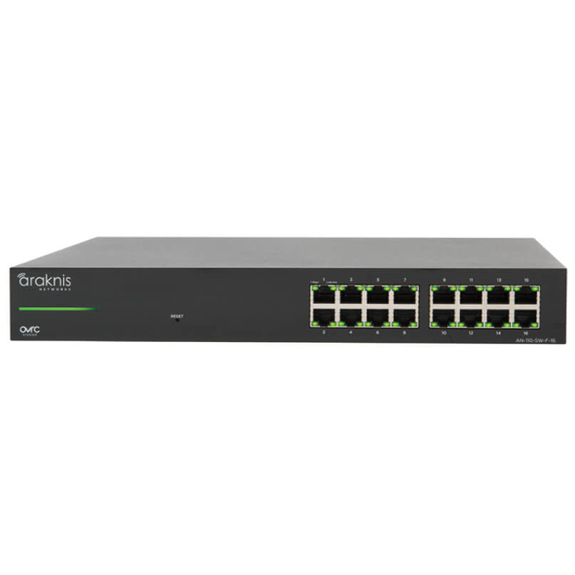 Araknis Networks 110 Series 16-Port Unmanaged+ Gigabit Switch With Front Ports Araknis networks 16-port ethernet switch with two rows of led-lit rj45 ports and a front panel reset button.