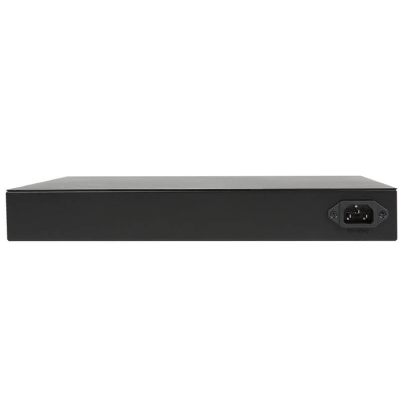 Araknis Networks 110 Series 16-Port Unmanaged+ Gigabit Switch With Front Ports Black rectangular electronic enclosure with an iec c14 power inlet on the right side.