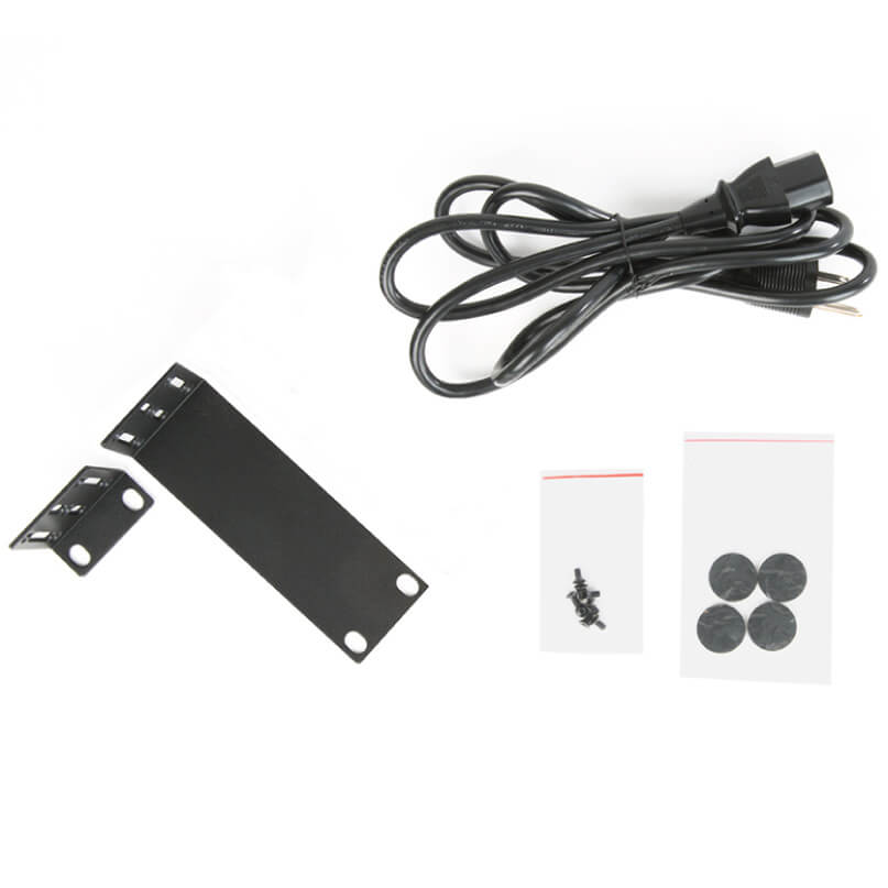 Araknis Networks 110 Series 16-Port Unmanaged+ Gigabit Switch With Front Ports Metal mounting bracket kit with l-shaped brackets, a long black plate, power cord, and small screw bags