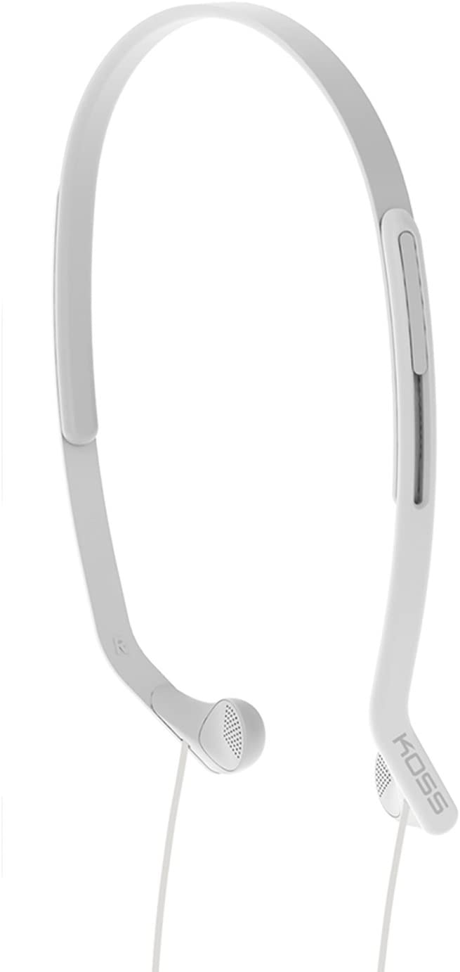 Koss Kph14 On Ear Headphones Koss brand white wireless neckband headphones with slim curved headband and in-ear earbuds.