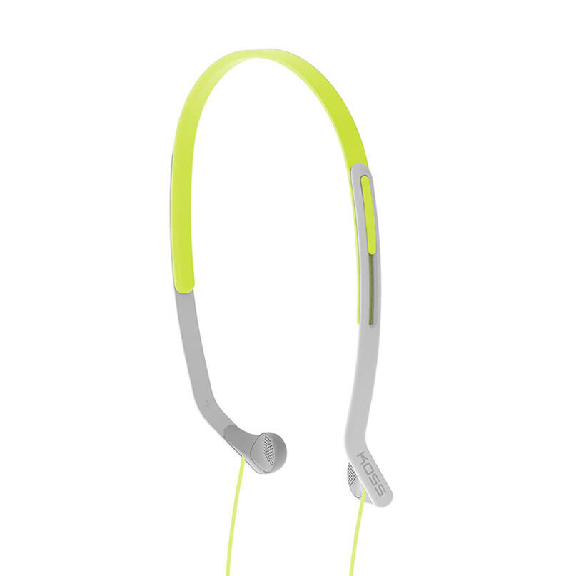 Koss Kph14 On Ear Headphones Neon yellow and gray wireless neckband headphones with in-ear earbuds and inline controls.