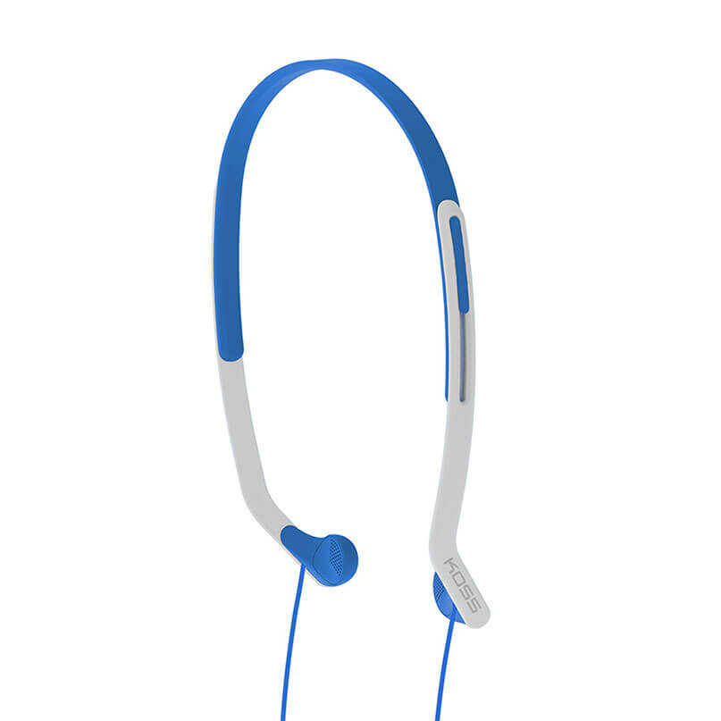 Koss Kph14 On Ear Headphones Koss neckband headphones with blue and gray band and wired blue earbuds.