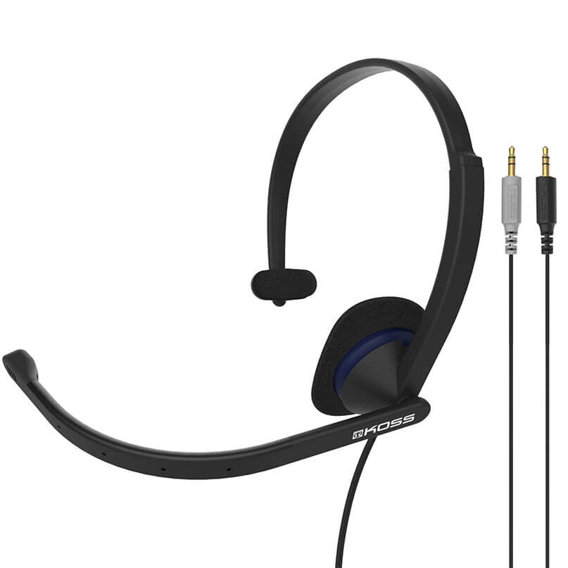 Koss Cs195 Communication Headset/Headphones Hoss wired over-ear gaming headset with adjustable headband, boom microphone, black ear cups, and dual 3. 5mm connectors.