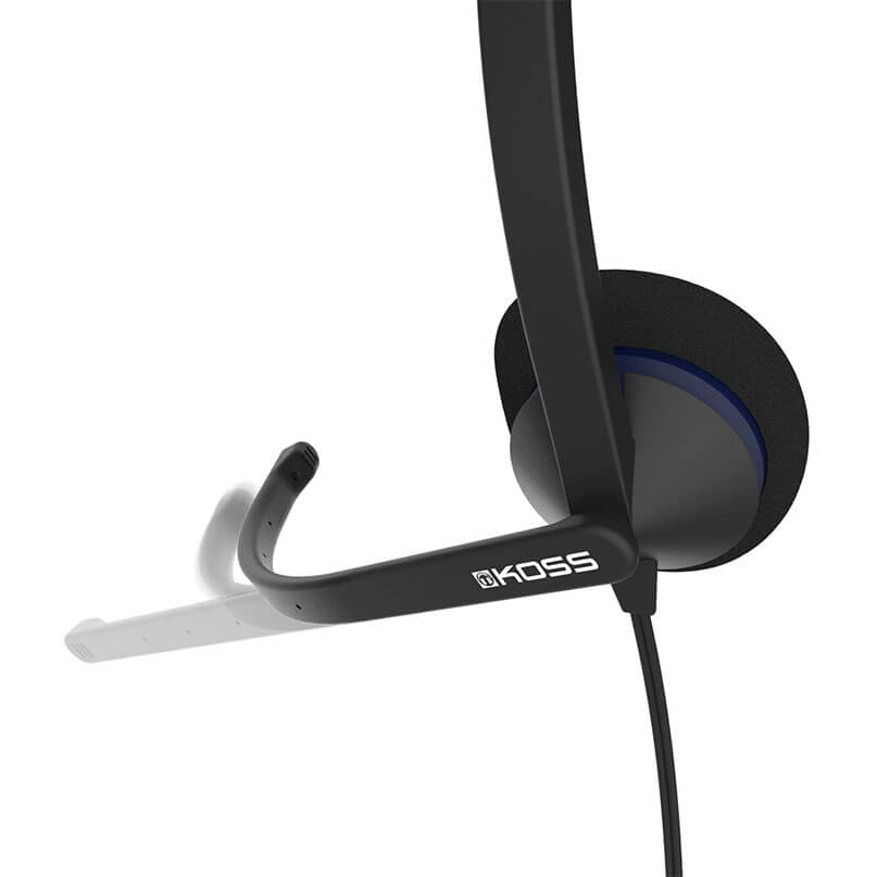 Koss Cs195 Communication Headset/Headphones Koss wired over-ear headset with boom microphone, black with blue-accented ear cushions.