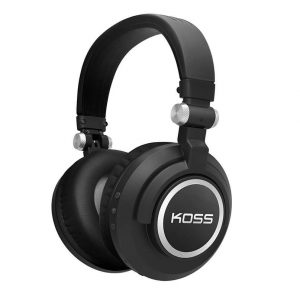 KOSS over-ear headphones with black cups, silver ring, and adjustable pivoting headband.