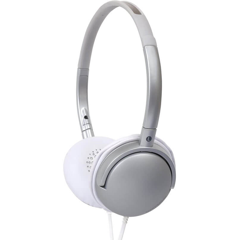 Koss Ruk40B On-Ear Headphone White over-ear wired headphones with gray ear cups and headband, left earcup marked l.