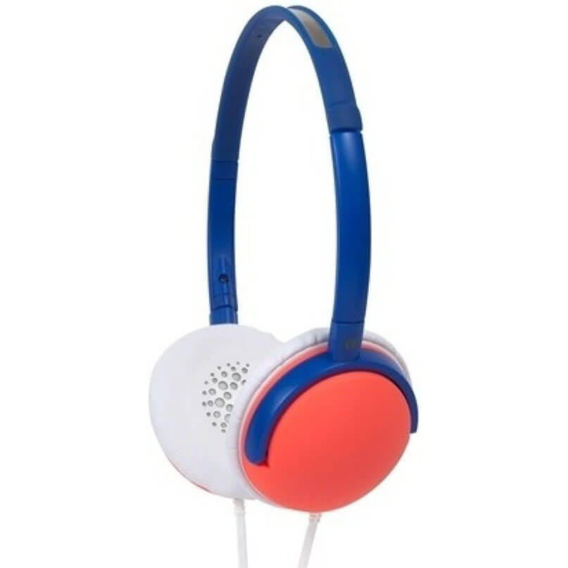 Koss Ruk40B On-Ear Headphone Over-ear headphones with blue headband, white ear cups, orange outer cushions, and a perforated grille on the left earcup