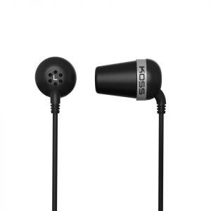 Koss black in-ear headphones with a silver KOSS logo ring and L-marked left earbud.