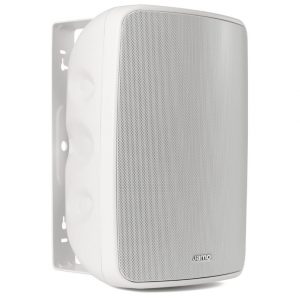 Jamo white wall-mounted speaker with perforated grille and metal mounting bracket.