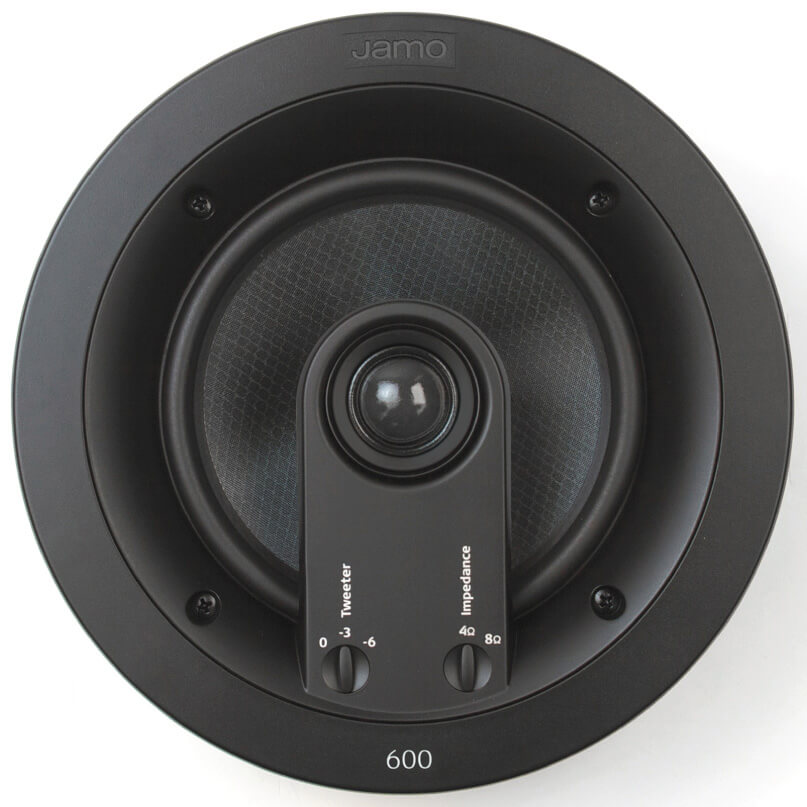 Jamo 600 round black speaker with central tweeter and adjustable impedance controls.