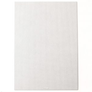 White rectangular speaker with a perforated metal grille and a small centered logo at the bottom.