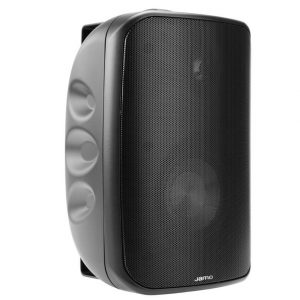 Jamo black bookshelf speaker with perforated front grille and curved side panel.