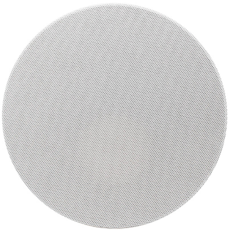 Round metal speaker grille with a dense perforated mesh pattern.