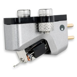 Phono cartridge with stylus and cantilever, silver and black housing, knurled adjustment knob, and tonearm connection pins.