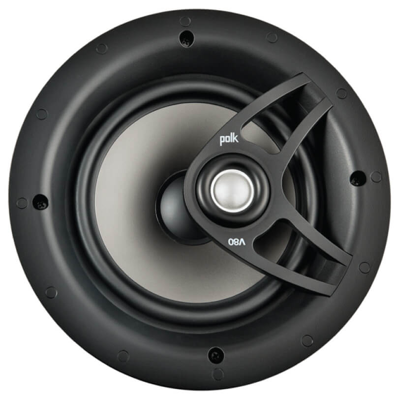 Polk Audio V80 Polk audio round black ceiling speaker with three-arm metal grille and central driver
