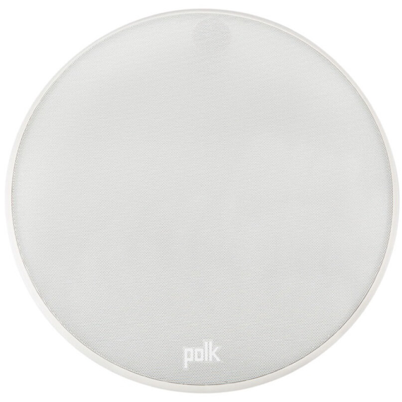 Polk Audio V80 Polk white circular wireless speaker with fabric grille and logo.