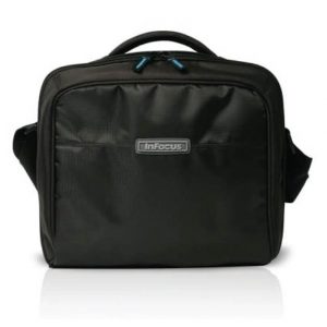 InFocus black rectangular carrying bag with top handle, front zip pocket, and blue zipper pulls.
