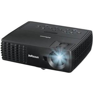 Infocus projector with front lens, black body and top control panel