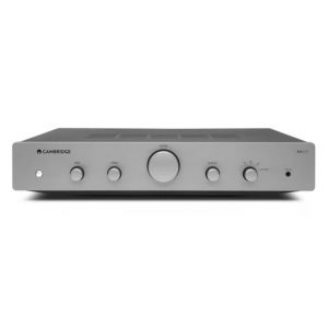 Cambridge Audio AXA25 integrated amplifier with silver front panel, large central volume knob, and multiple control knobs.