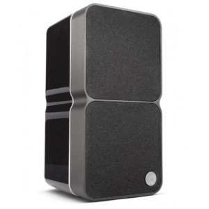 Two-driver desktop speaker with black fabric grille and silver rounded enclosure.