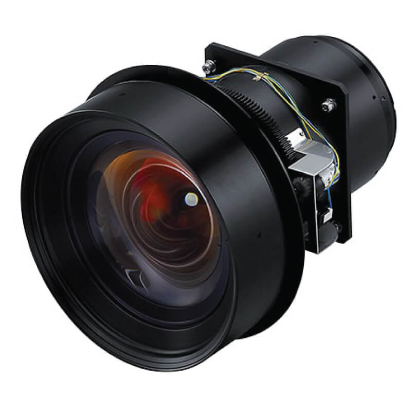Large black industrial camera lens assembly with exposed wiring and mounting hardware.
