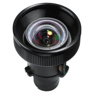 Large black camera lens with a knurled focus ring, electronic contacts, and a wide front element.