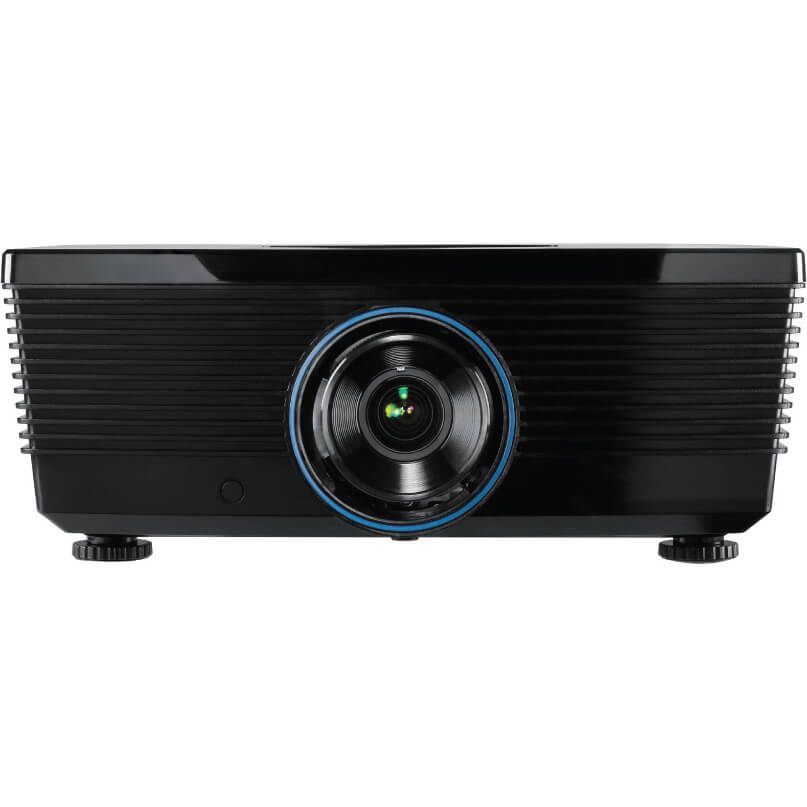 Infocus In5312 Installation Projector Black projector with central lens surrounded by blue ring and horizontal ridges, with adjustable feet.