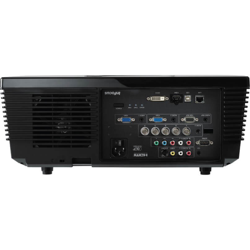 Infocus In5312 Installation Projector Infocus projector rear panel with dvi-d, hdmi, vga, and multiple video and audio inputs.