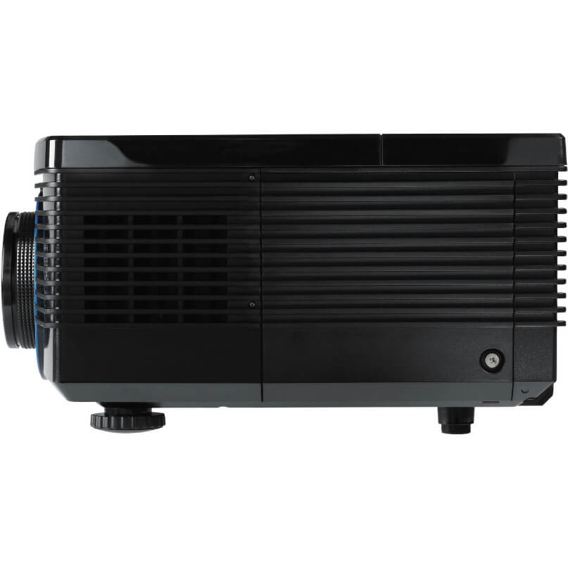 Infocus In5312 Installation Projector Side view of a black multimedia projector with horizontal ventilation slats, a large left lens, and adjustable feet.