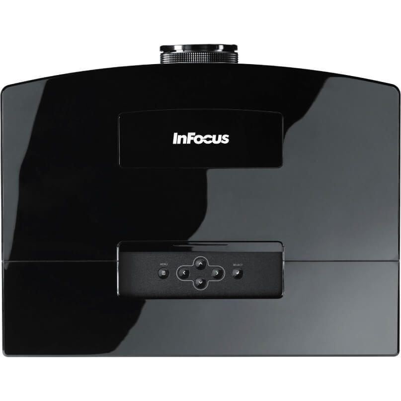 Infocus In5312 Installation Projector Infocus projector with glossy black housing, front control panel and circular top adjustment dial.