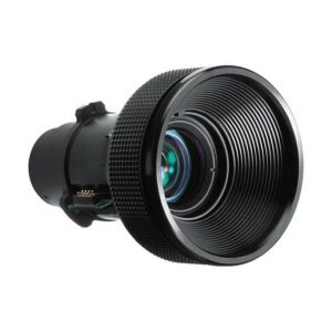 Large black telephoto camera lens with knurled focus ring and grooved front element