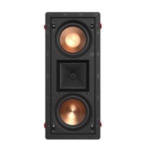 In-wall speaker with dual copper-cone drivers and a central square horn, black enclosure.