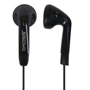 KOSS black in-ear headphones with angled earbuds and L indicator on the stem