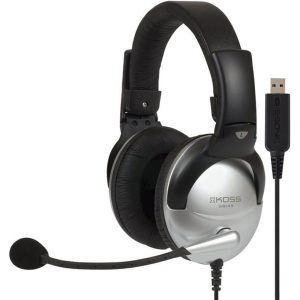 Koss SB/45 over-ear headset with padded headband, silver and black ear cups, boom microphone, and USB connector.